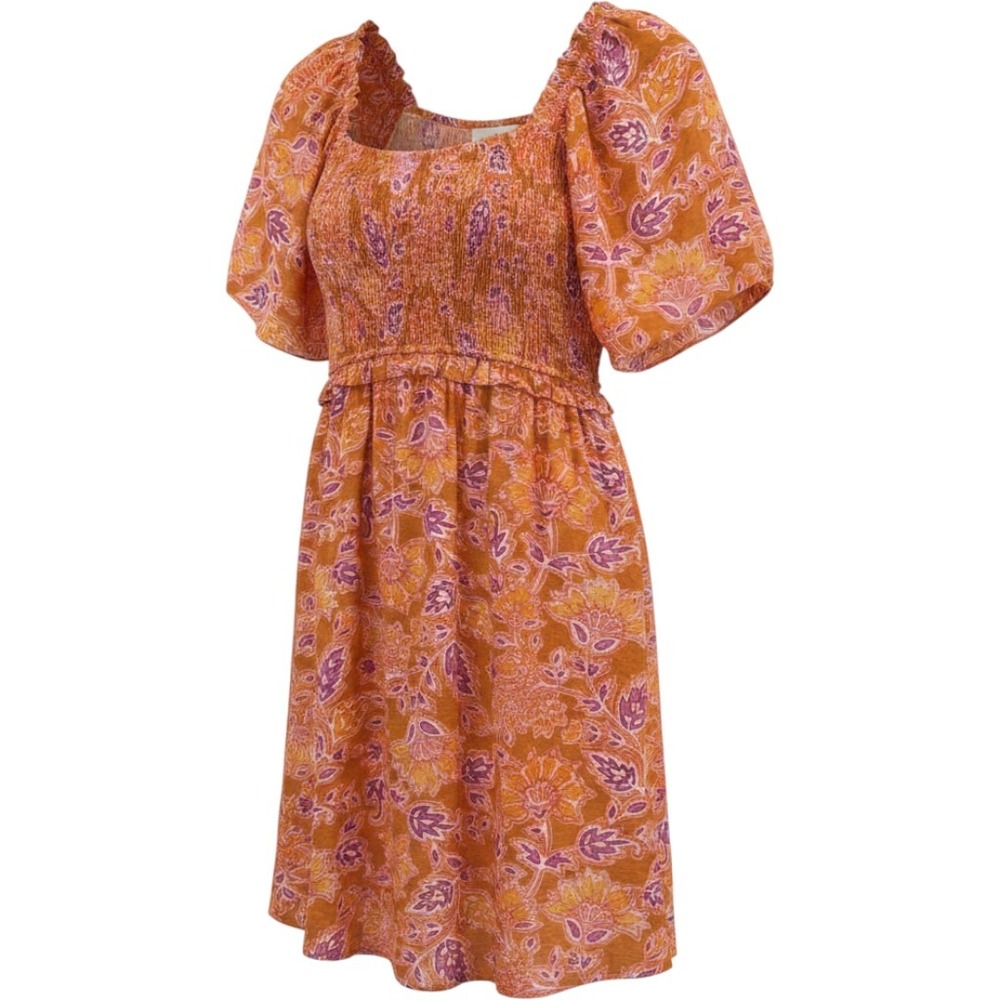 Doe & Rae Orange Purple Paisley Floral Smocked Mini Dress Short Sleeve S